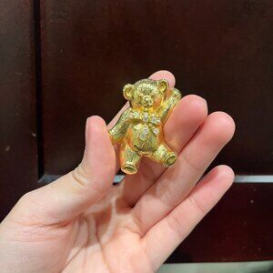 Vintage Signed Avon Pendant/ Brooch Pin Gold Tone Metal Teddy Bear W Rhinestones